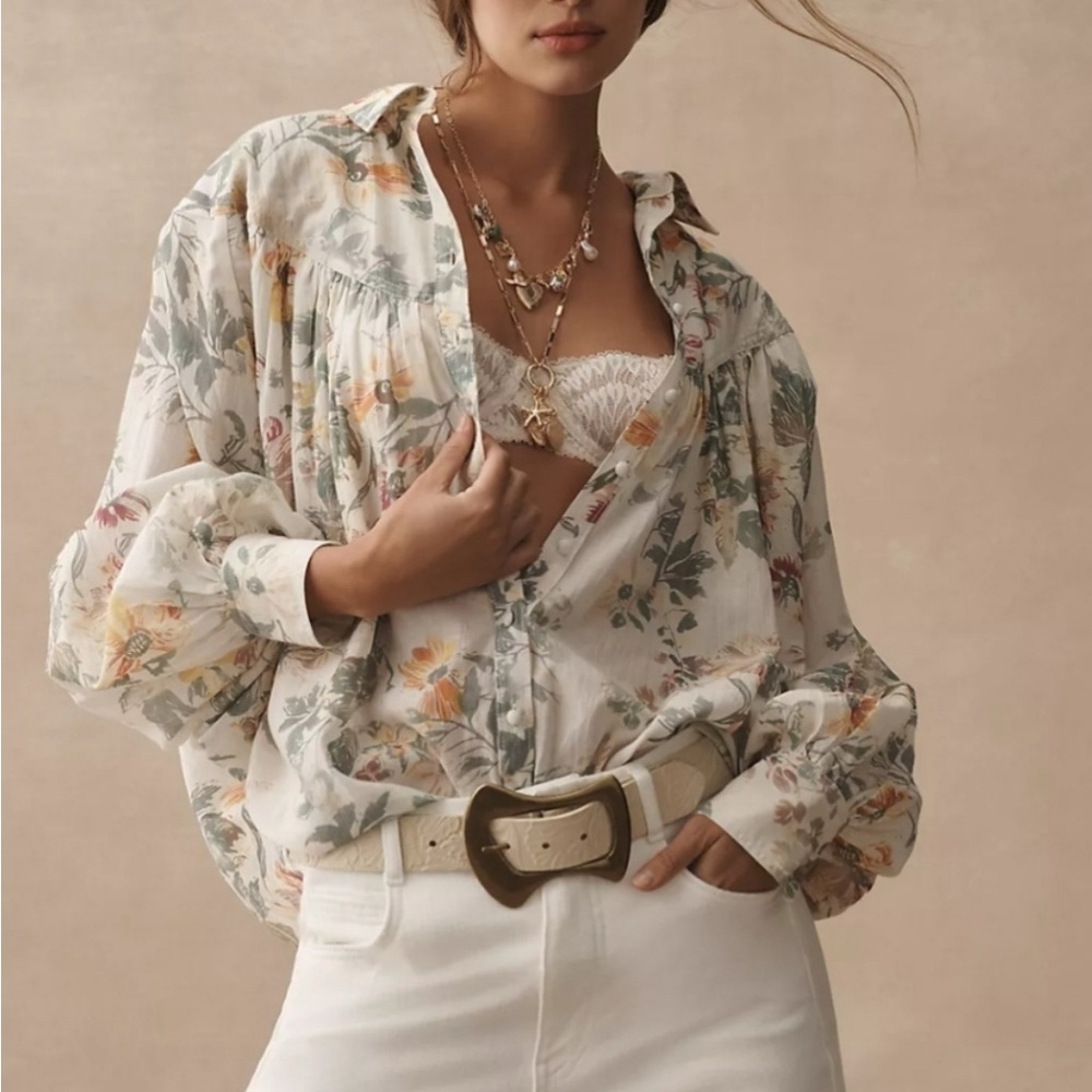 Pilcro Floral Button Down Shirt - Cream and Green